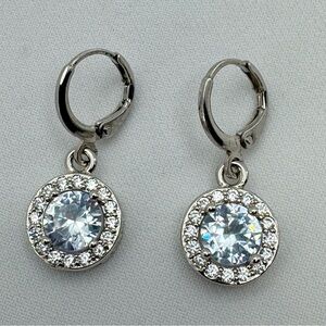 Silver Plated White Cubic Zirconia Halo Drop Earrings Leverback Sparkle New
